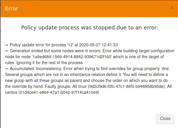 Policy generation failed due to a group property conflict